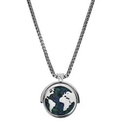 Arkai Atlas | Collier En Acier Inoxydable Argenté à Pendentif Rotatif Mappemonde En Azurite Et Malachite